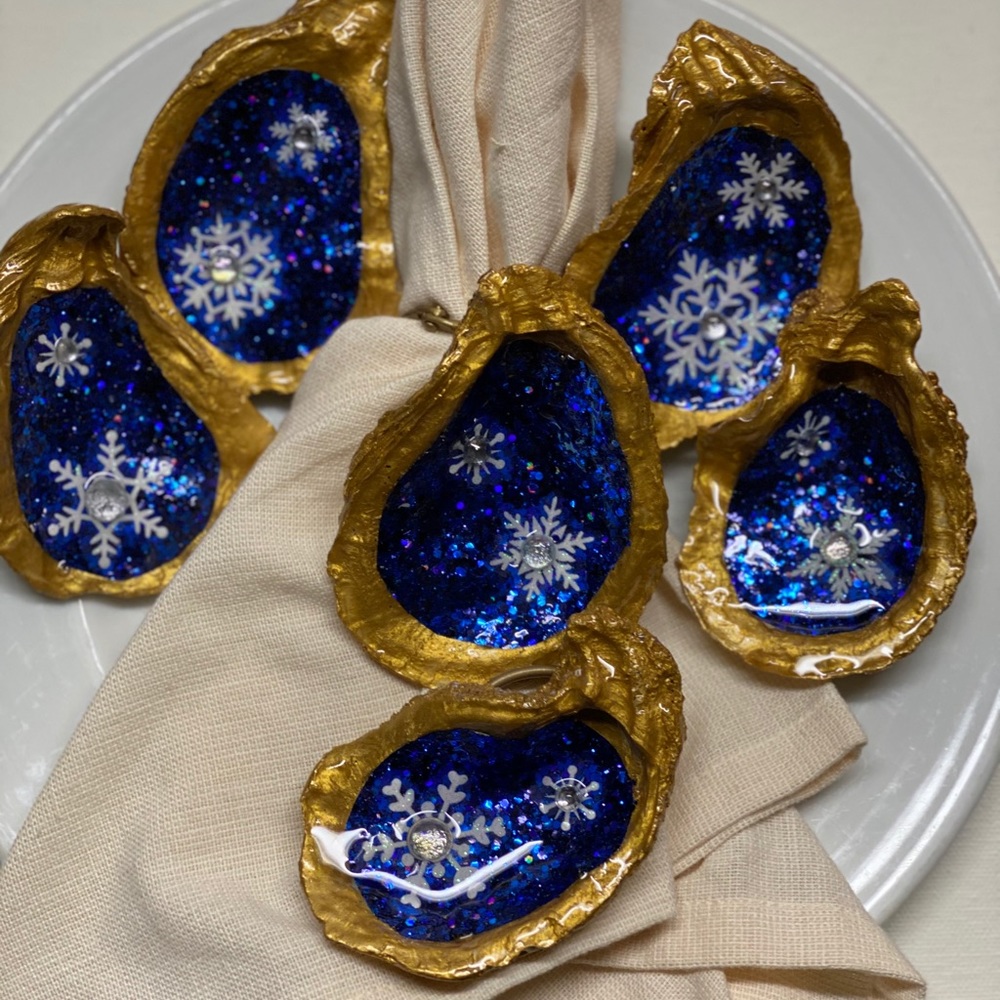 Hand painted oyster shell napkin ring holders
